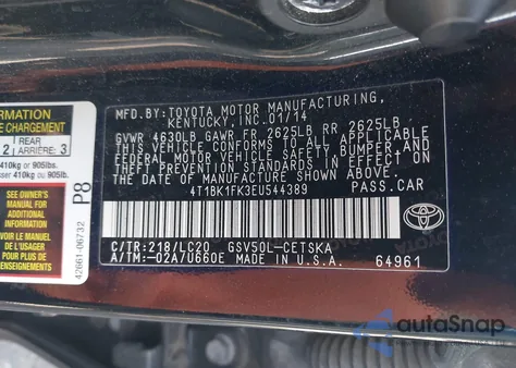 2014 Toyota Camry Se V6 z USA, uszkodzony, nr VIN 4T1BK1FK3EU544389